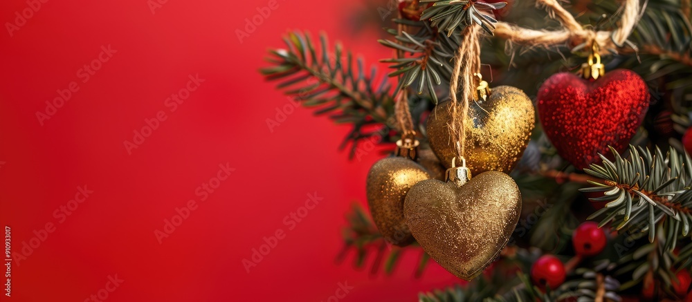 Poster heart shaped golden ornaments hanging from a spruce branch with jute ropes on a red backdrop in a fe