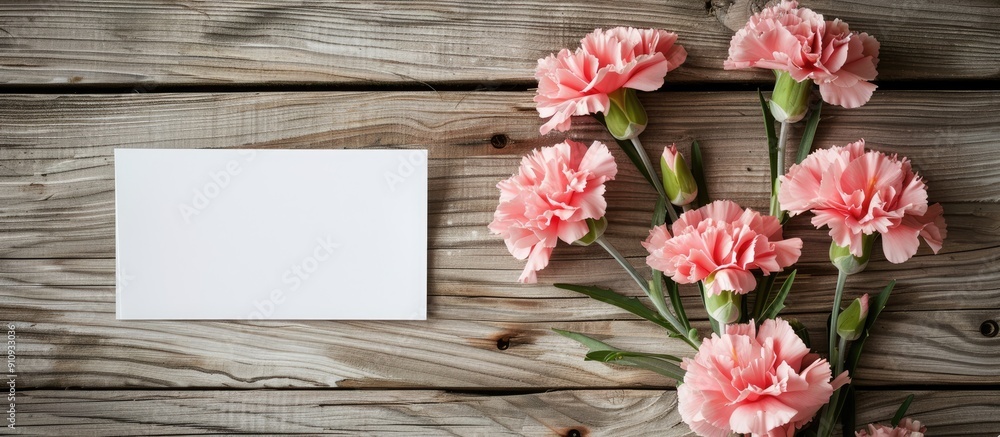 Poster wooden background features a blank card with lovely pink carnations perfect for mother s day or spri
