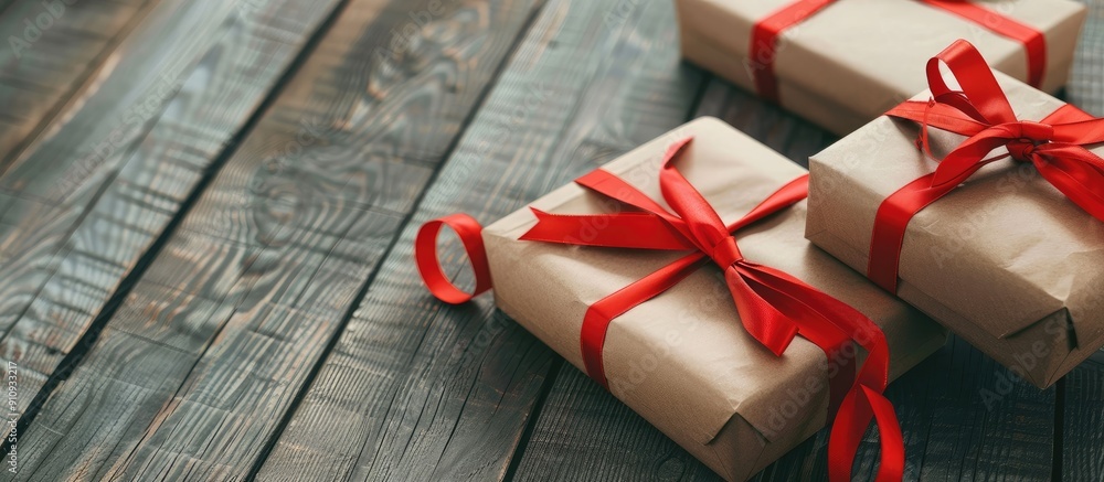Poster vintage style gift boxes wrapped in eco friendly recycled paper with a red satin ribbon placed on a 