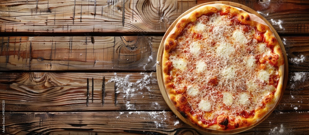 Poster Top down view of a pizza with mozzarella and Parmesan cheese on a wooden surface offering ample copy space for text or images