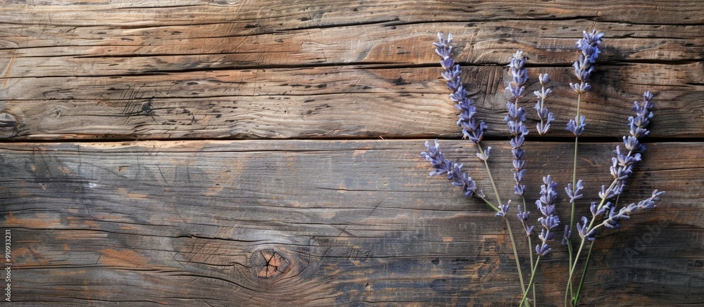 Poster Wooden table with a dried salvia branch for a restaurant menu background suitable for inserting text on a copy space image