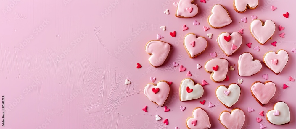 Poster valentine s theme with heart shaped cookies on a pink surface displayed as a flat lay with copy spac