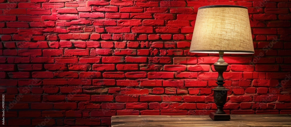 Poster Interior setting featuring an old lamp with a lampshade on a table set against a red brick wall background creating a suitable copy space image