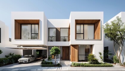 There is a charming white house that has a car conveniently parked right in front of it