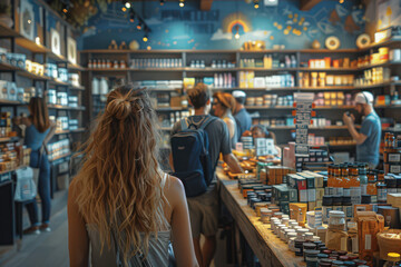 Fototapeta premium People browsing through a vibrant store filled with various items, creating a lively atmosphere with shelves lined with products and a colorful backdrop.