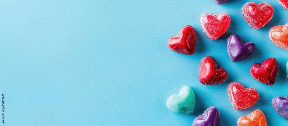 Poster heart shaped candies on a vibrant blue backdrop with space for text or graphics top view image avail