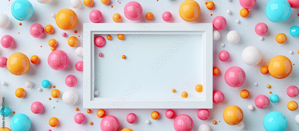 Poster white frame surrounded by various colored small balls with space for text or images copy space image