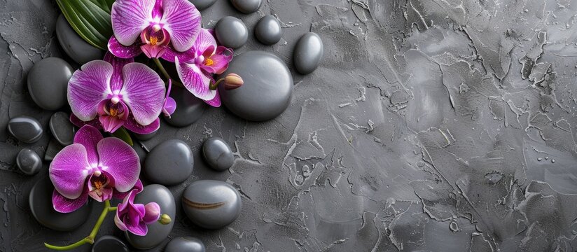 Grey background adorned with a display of spa stones and orchid flowers perfect for adding text in the available copy space image