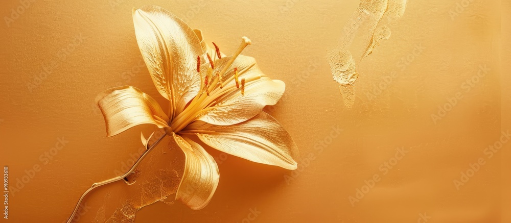 Leinwandbilder minimal flat lay featuring a fresh golden lily on an abstract modern golden background presenting a 