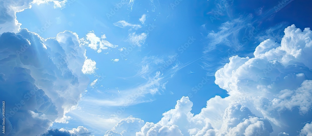 Poster a serene view of the expansive blue sky with fluffy clouds ideal as a backdrop for a copy space imag