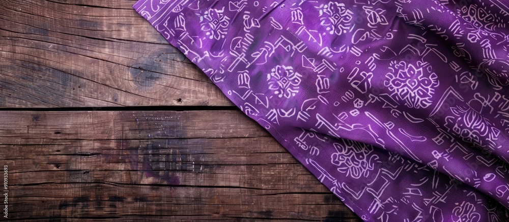 Poster top view of a purple patterned tablecloth on a wooden surface background with space for text or imag