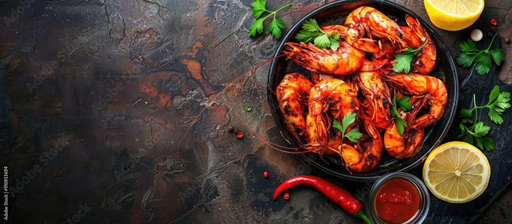 Poster a rustic top view background with copy space featuring a delicious meal of spicy fried shrimp prawns