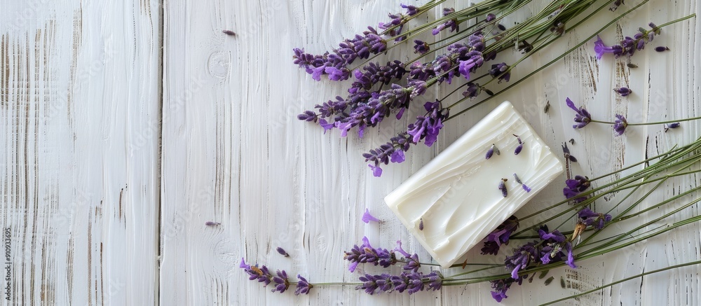 Poster white wood table with lavender flowers and soap bar creating a serene copy space image