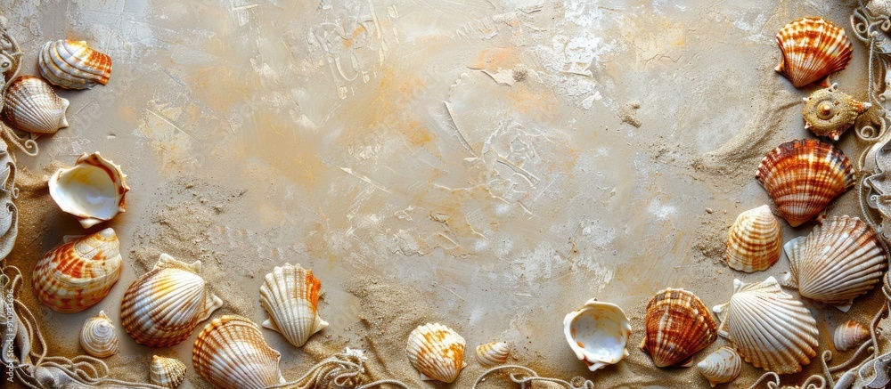 Leinwandbilder an elegant photo frame adorned with golden sea shells on a sandy background perfect for a copy space
