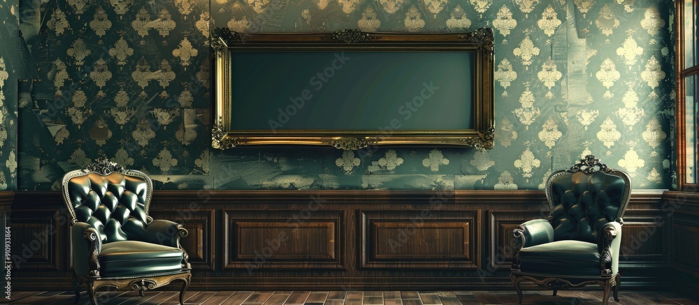 Leinwandbilder Empty frame on a retro wallpapered wall with a clear area for additional images or text serving as a chic home decor setting