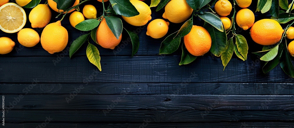 Poster fruits like lemons and tangerines arranged on a black wooden table as a backdrop for a copy space im
