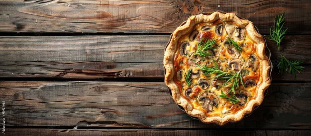 Leinwandbilder tasty mushroom quiche on a wooden table top view for text on a copy space image