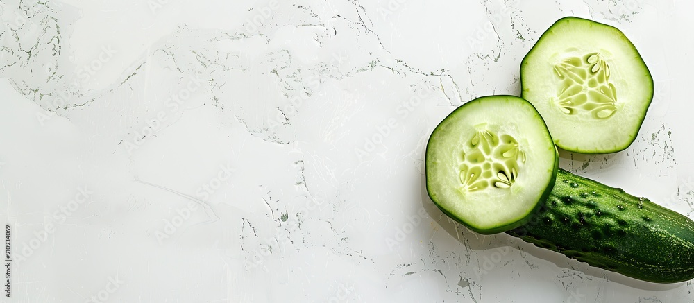 Poster fresh healthy cucumber showcased on a plain white backdrop with ample copy space image for health fo