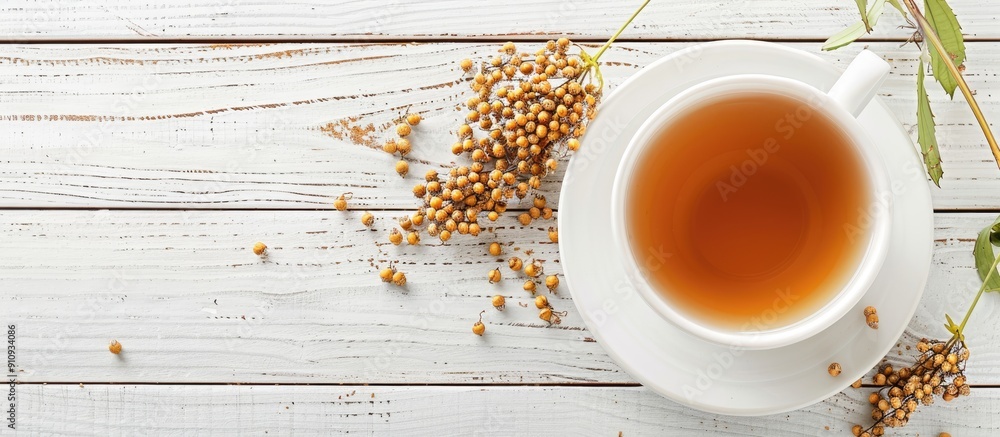 Poster white wooden table with a cup of buckwheat tea displayed offering ample copy space image
