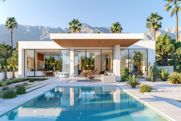 Fototapeta premium Modern Small House with Pool and Outdoor Fireplace in Desert, Palm Trees and Mountains in Background, White Walls, Wood Details, Photorealistic Rendering