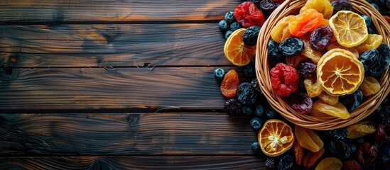 Top down view of a wicker basket filled with assorted dried fruits on a wooden surface allowing for copy space image insertion