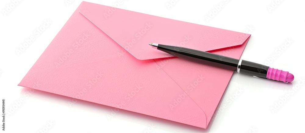 Poster Isolate white background with pink envelope blank invitation card and pen creating a copy space image