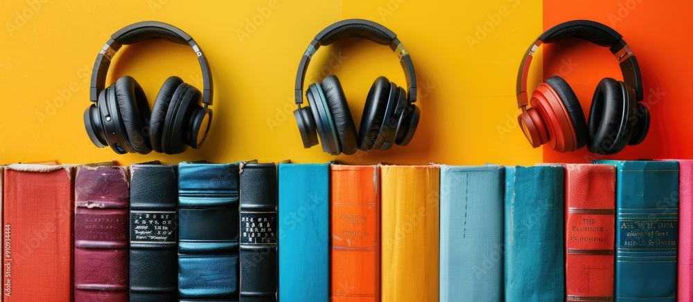 Poster a variety of colorful hardcover books with blank covers and black headphones on a table contrasting 