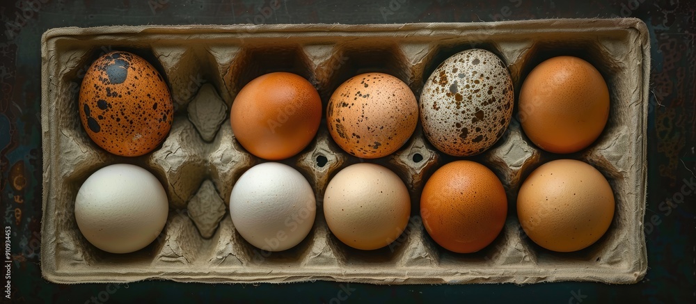 Poster Eggs from chickens and quails are arranged in a box against a dark backdrop providing a clear copy space image