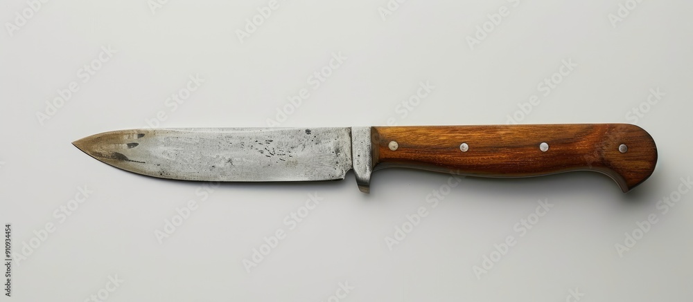 Poster a knife with a wooden handle set against a blank white background providing ample copy space image