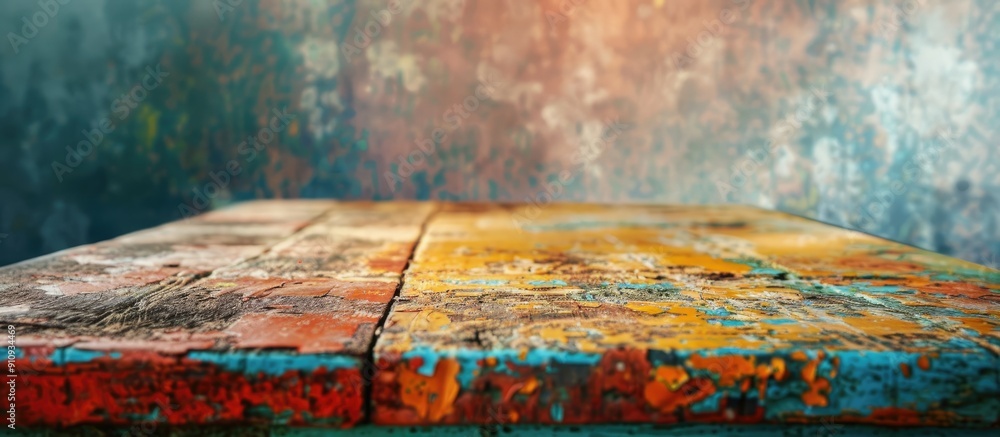 Aufkleber A weathered colorful table with visible wear marks offers a grungy backdrop with a blurred background ideal for a copy space image
