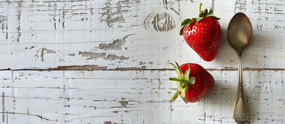 Poster organic food concept with a vibrant red strawberry and a spoon displayed on a rustic white wooden ba