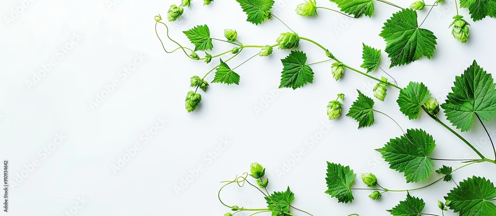 Poster Top view of a youthful hop branch with leaves set against a white backdrop ideal for a copy space image