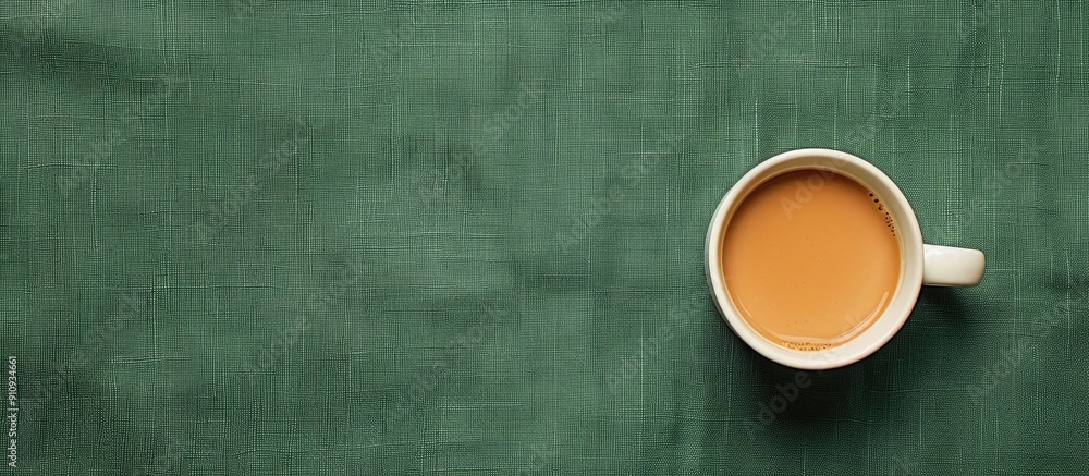 Aufkleber Top down view of a white coffee cup on a green linen surface with empty copy space image