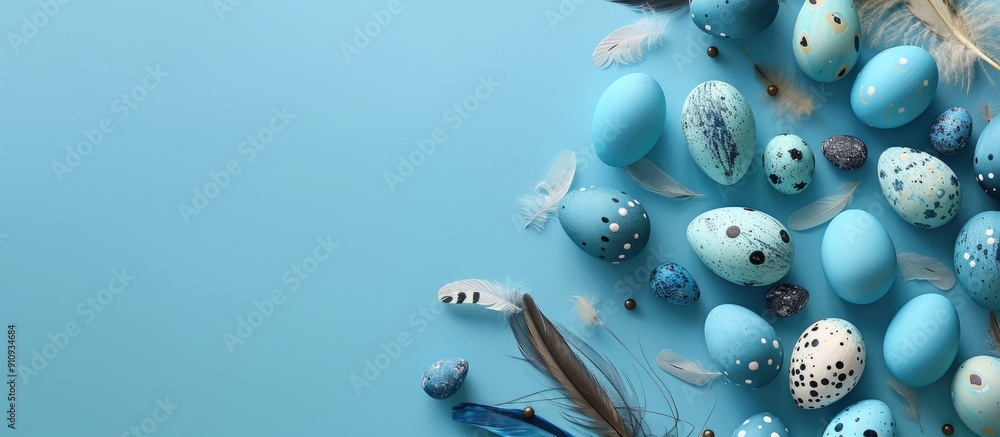 Aufkleber easter themed border of stunning blue ombre easter eggs with quail eggs and feathers on a blue backd