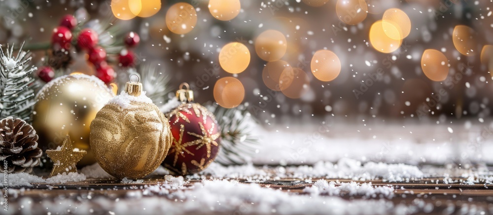 Fototapete Festive holiday ornaments adorn the backdrop creating a charming scene with copy space image potential