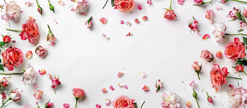 Aufkleber top view of a frame created with rose flowers against a white backdrop ideal for flat lay design wit