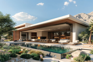 Fototapeta premium Modern Small House with Pool and Outdoor Fireplace in Desert, Palm Trees and Mountains in Background, White Walls, Wood Details, Photorealistic Rendering