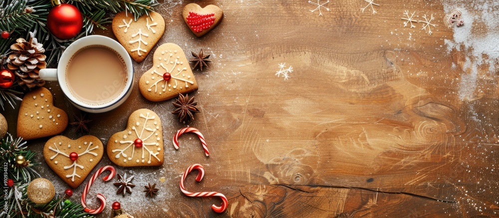 Poster Heart shaped cookies with Christmas decorations and a cup of coffee on a table set against a festive background with a copy space image