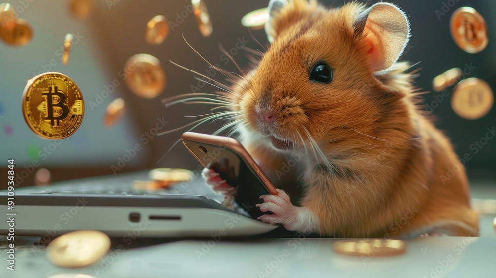 Aufkleber cute hamster using smartphone with bitcoin coins floating around, implying cryptocurrency engagement