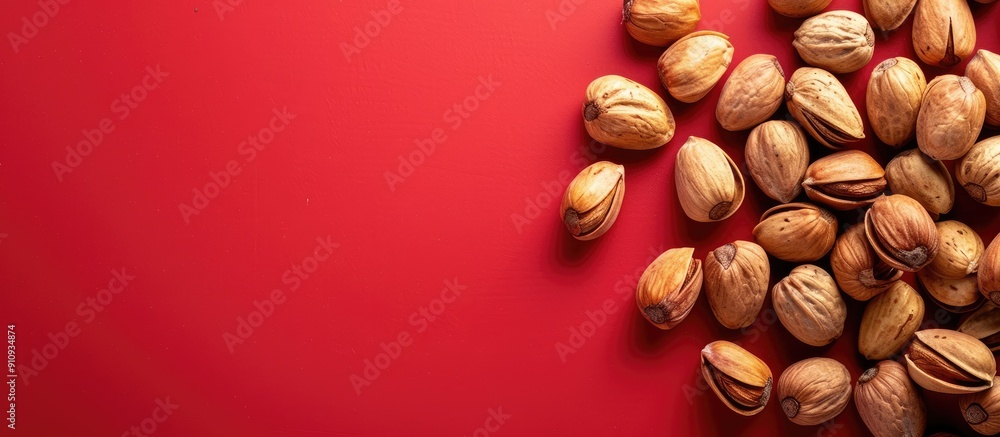 Poster vegan nut placed on red backdrop with copy space image high in vitamin content