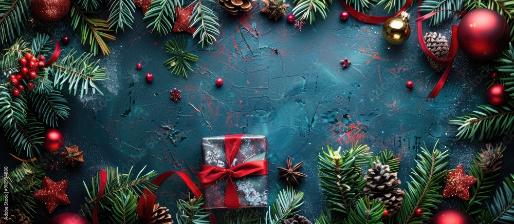 Poster A festive image with various Christmas elements perfectly arranged for a charming display featuring a present at the center with surrounding seasonal decorations ideal for holiday designs with copy s