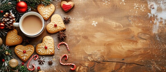 Heart shaped cookies with Christmas decorations and a cup of coffee on a table set against a festive background with a copy space image