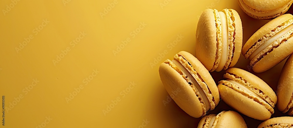 Poster yellow macaroons arranged on a yellow backdrop with copy space image