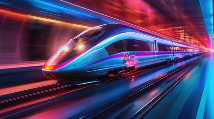 High-speed train traveling through an illuminated tunnel at night.