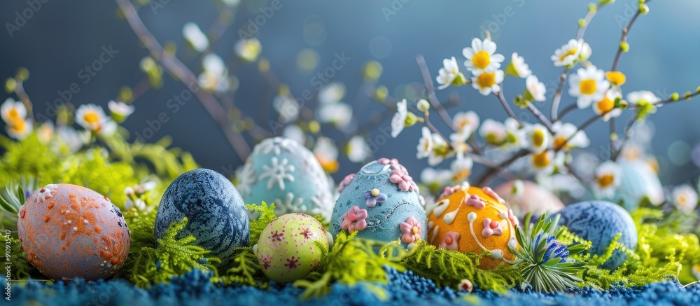 Poster easter decorations featuring a colorful display of easter eggs boxwood and flowers creating an invit