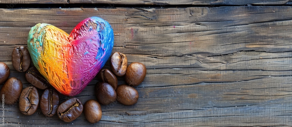 Poster heart shape with vibrant colors on a coffee bean against a wooden background with copy space image i