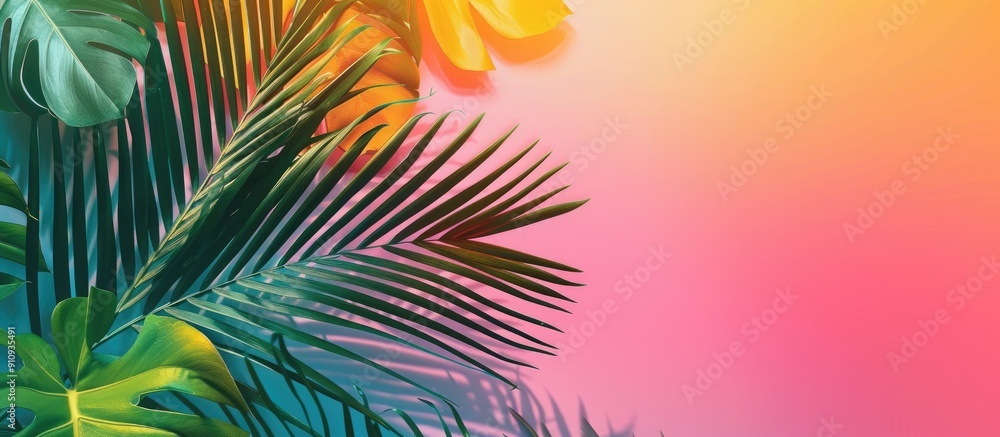Leinwandbilder minimalistic summer art concept with a vibrant tropical palm leaves design on gradient square backgr