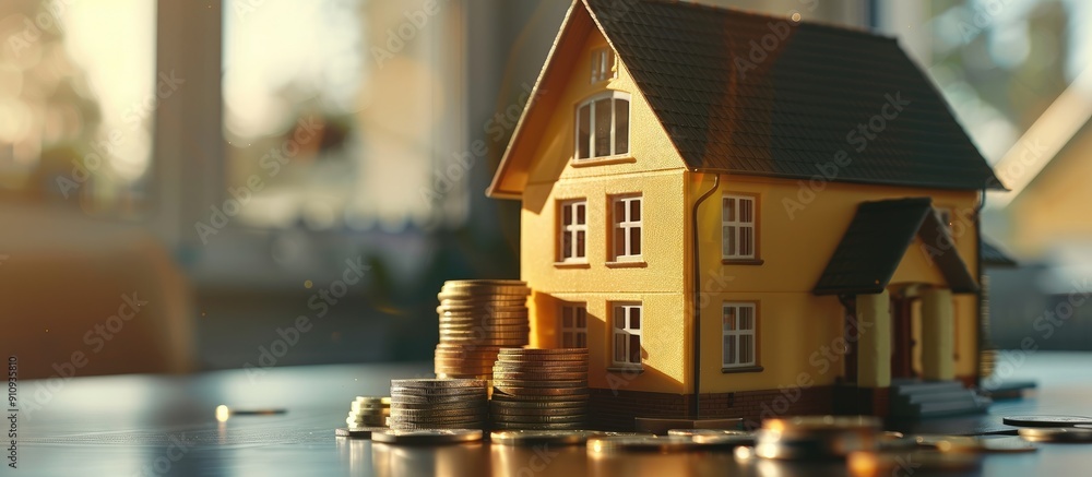 Aufkleber Stack of coins under a model house set on a table with ample copy space image represents real estate mortgage and home ownership themes