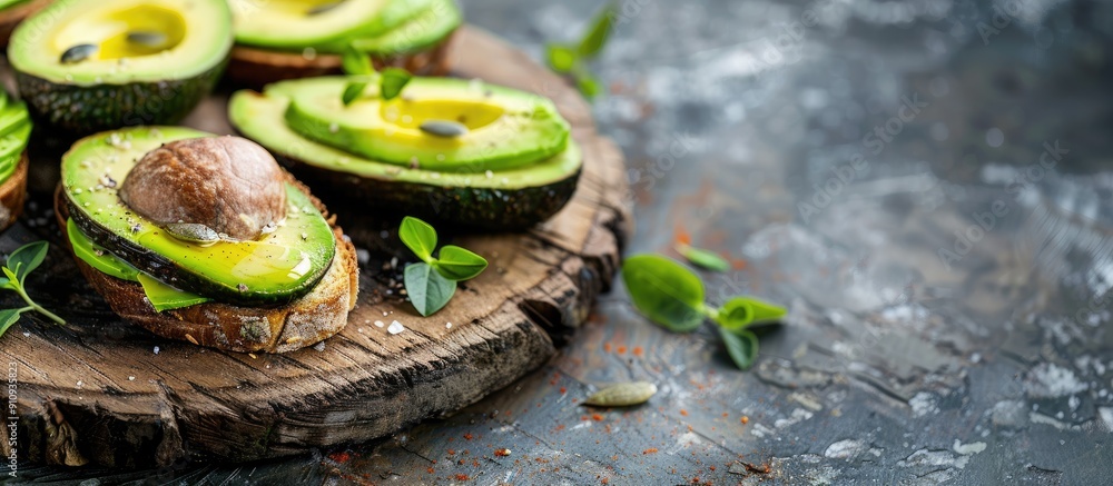 Poster Side view of a rustic wooden board displaying homemade avocado toast with room for text in the copy space image
