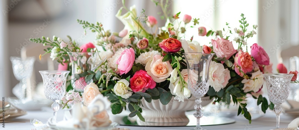Poster indoors a stunning table arrangement adorned with flowers showcases elegance leaving a space for add